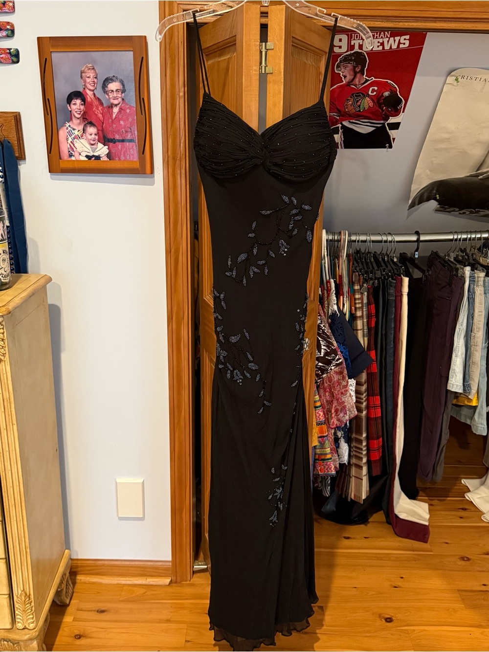 Vintage Chelsea Nites 100% Silk Black Maxi Dress Size 8 Strapless Gown Beaded